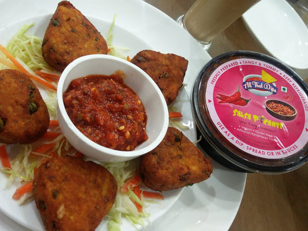 VEGGIE CUTLETS WITH ALL THAT DIPS SALSA PICANTE