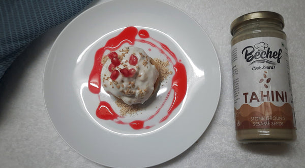 Tahini-Date Ice Cream, Almond Crumb and Pomegranate Molasses :: Chef Divya Jain
