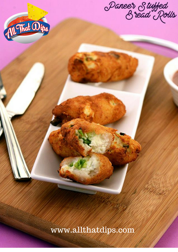 Allthatdips Recipe : Cottage Cheese ( Paneer ) Stuffed Bread Rolls Served with Allthatdips Salsa Picante