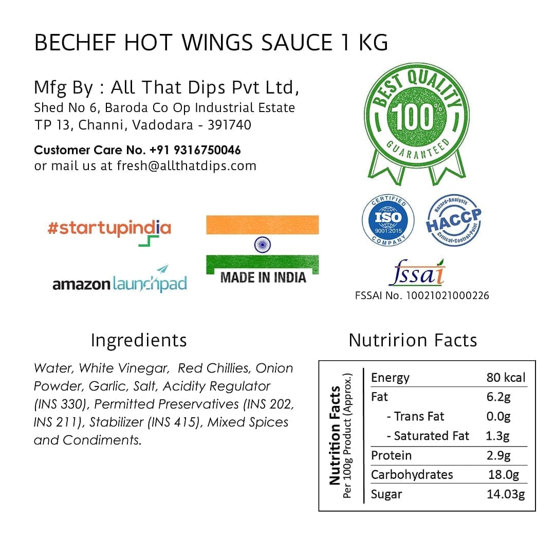 Hot Wings Sauce : Cooking sauce : 1 Kg : Bulk pack : Horeca - Bechef - Gourmet Pantry Essentials