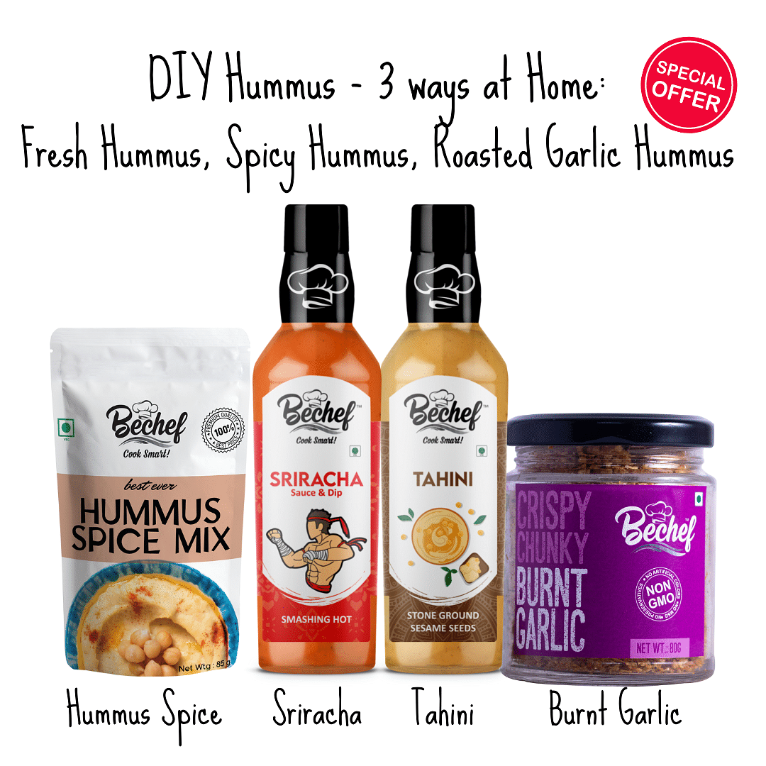 DIY kits : Hummus - 3 ways : Fresh Hummus, Spicy Sriracha Hummus, Roasted Garlic Hummus - Bechef - Gourmet Pantry Essentials